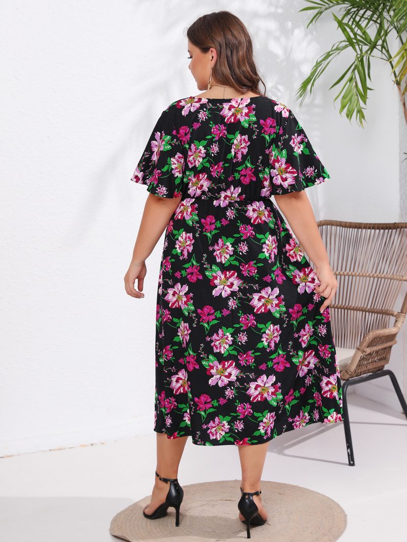 Summer New Floral Mid-length Front Split Flying Sleeve Dress for Plus Size Women - Image 8