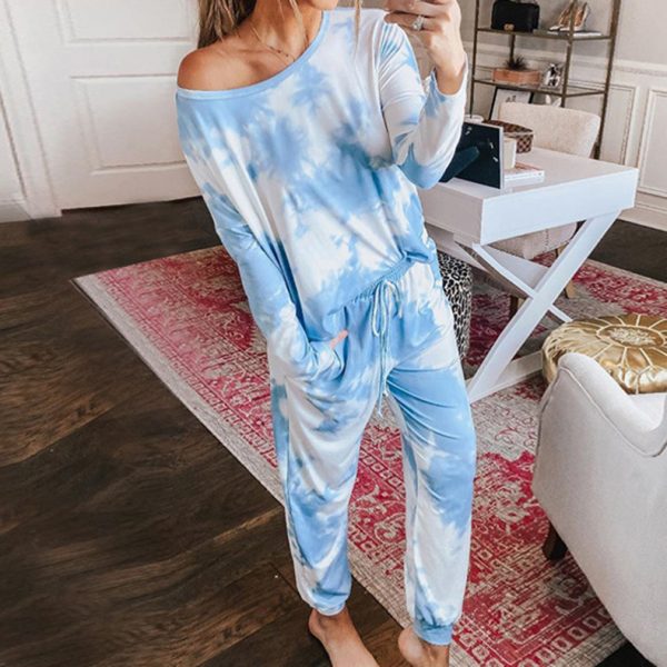 Popular Casual Tie-Dyed Round Neck Pajamas: Long-Sleeved Home Wear Two-Piece Set - Image 4