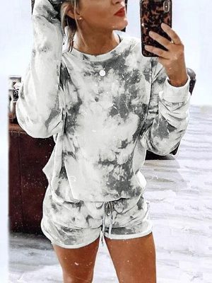 Women Tie-Dyed Printed Long-Sleeved Round Neck Casual Home Set