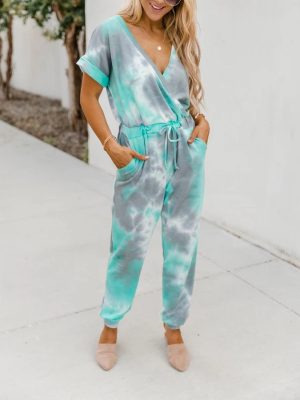 Women Tie-Dyed Printed V-Neck Short-Sleeved Casual Jumpsuit