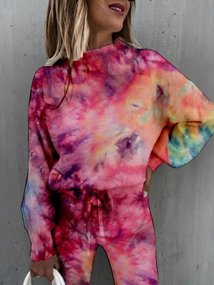 Spring New Women Tie-Dyed Print High-Collar Long-Sleeve Fashion Casual Set