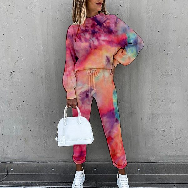 Spring New Women Tie-Dyed Print High-Collar Long-Sleeve Fashion Casual Set - Image 2