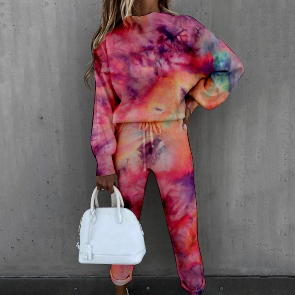 Spring New Women Tie-Dyed Print High-Collar Long-Sleeve Fashion Casual Set - Image 3