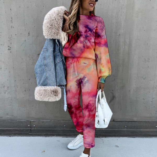 Spring New Women Tie-Dyed Print High-Collar Long-Sleeve Fashion Casual Set - Image 4