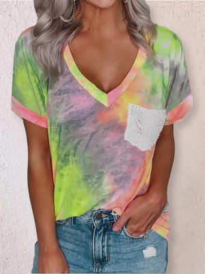 Fashion Tie-Dyed V-Neck Printed Short-Sleeved Top for Women