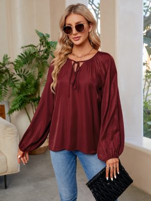 V-Neck Lace-Up Satin Silk Top: Women’s Loose Style