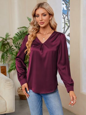 V-Neck Pleated Satin Top: Women’s Casual Office Wear