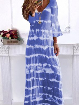 Summer New Loose Striped V-Neck Pullover Printed Long Dress for Women