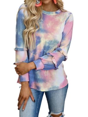 Tie Dye Printed Long Sleeve Patchwork Ruffled Crewneck Casual Women’s Top