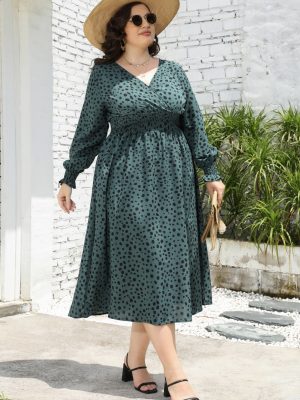 Plus Size Leopard Print V Neck Long Sleeve Mid-Length Dress