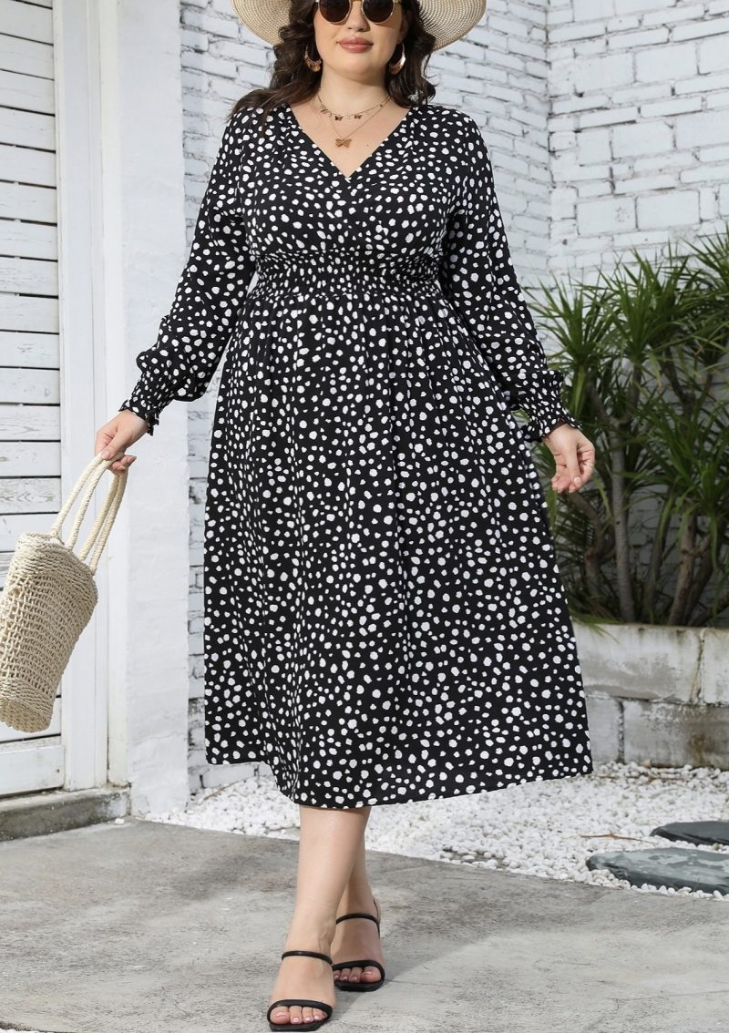 Plus Size Leopard Print V Neck Long Sleeve Mid-Length Dress - Image 2