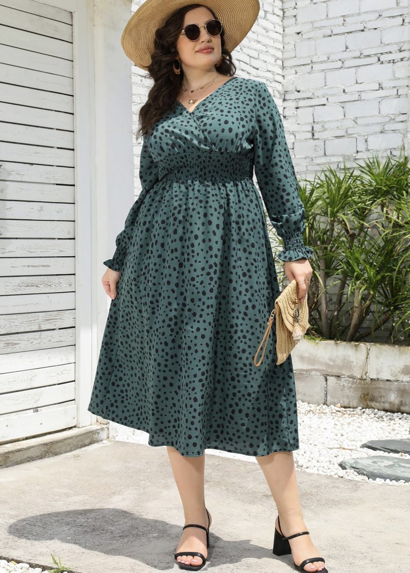 Plus Size Leopard Print V Neck Long Sleeve Mid-Length Dress - Image 3