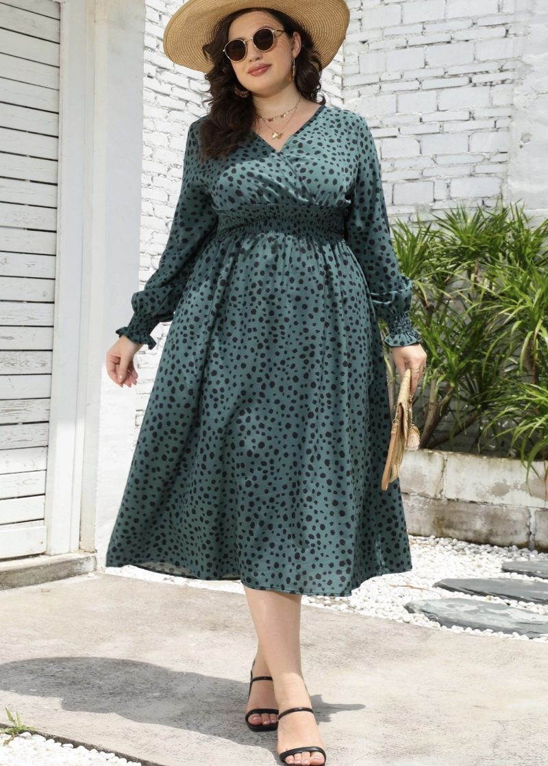 Plus Size Leopard Print V Neck Long Sleeve Mid-Length Dress - Image 4