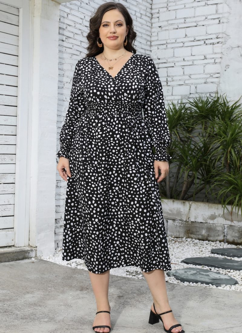 Plus Size Leopard Print V Neck Long Sleeve Mid-Length Dress - Image 5