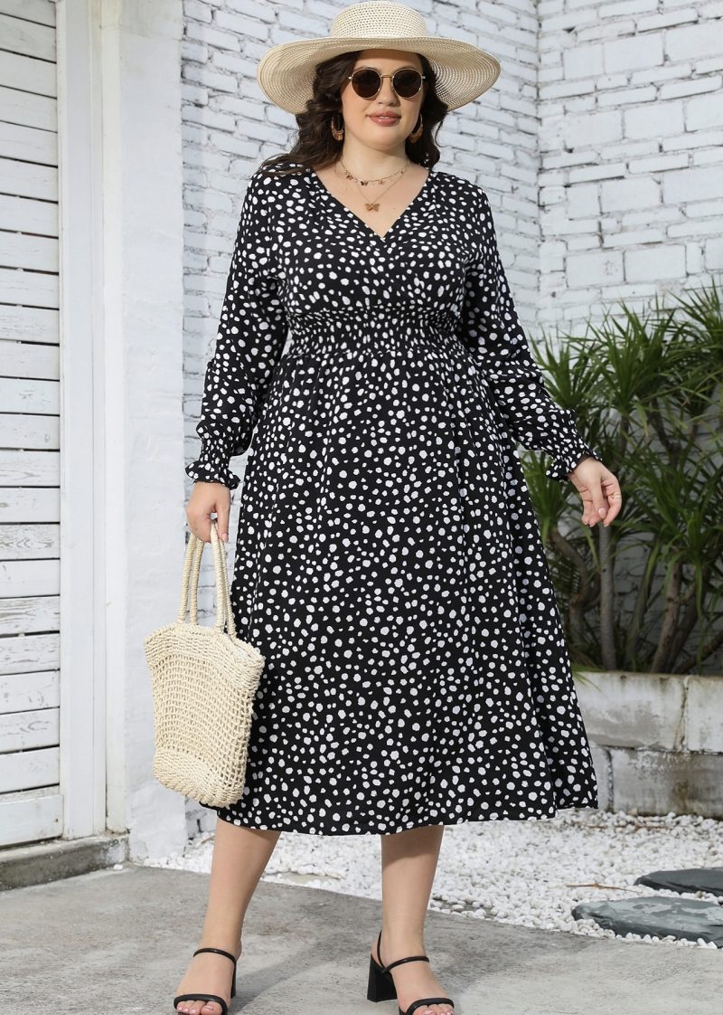 Plus Size Leopard Print V Neck Long Sleeve Mid-Length Dress - Image 7