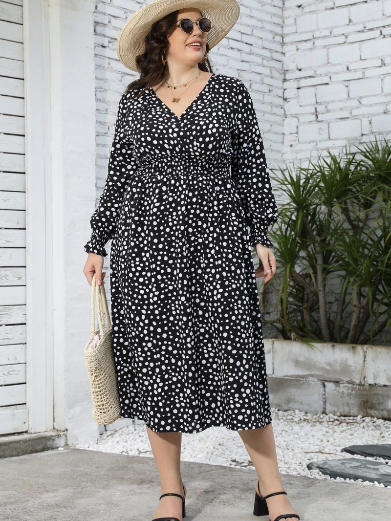 Plus Size Leopard Print V Neck Long Sleeve Mid-Length Dress - Image 8