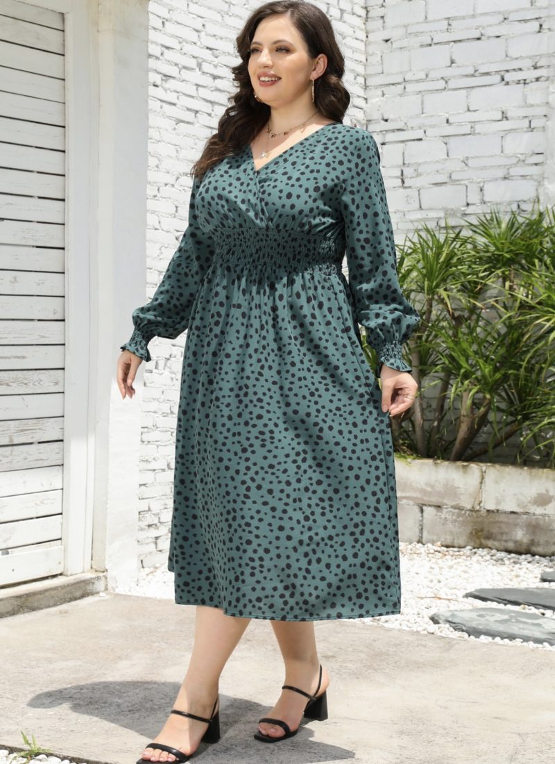 Plus Size Leopard Print V Neck Long Sleeve Mid-Length Dress - Image 9