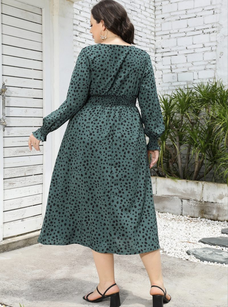 Plus Size Leopard Print V Neck Long Sleeve Mid-Length Dress - Image 10