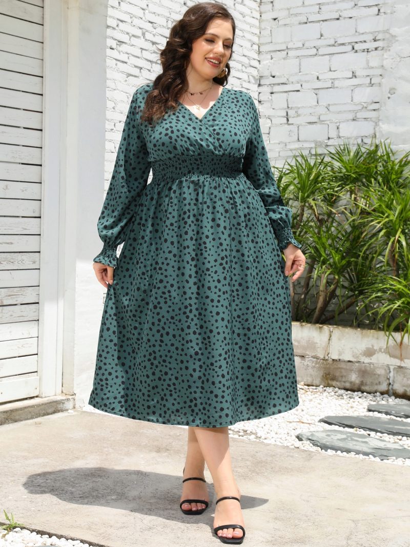 Plus Size Leopard Print V Neck Long Sleeve Mid-Length Dress - Image 11