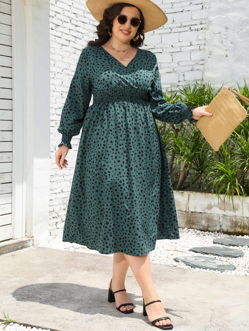 Plus Size Leopard Print V Neck Long Sleeve Mid-Length Dress - Image 12