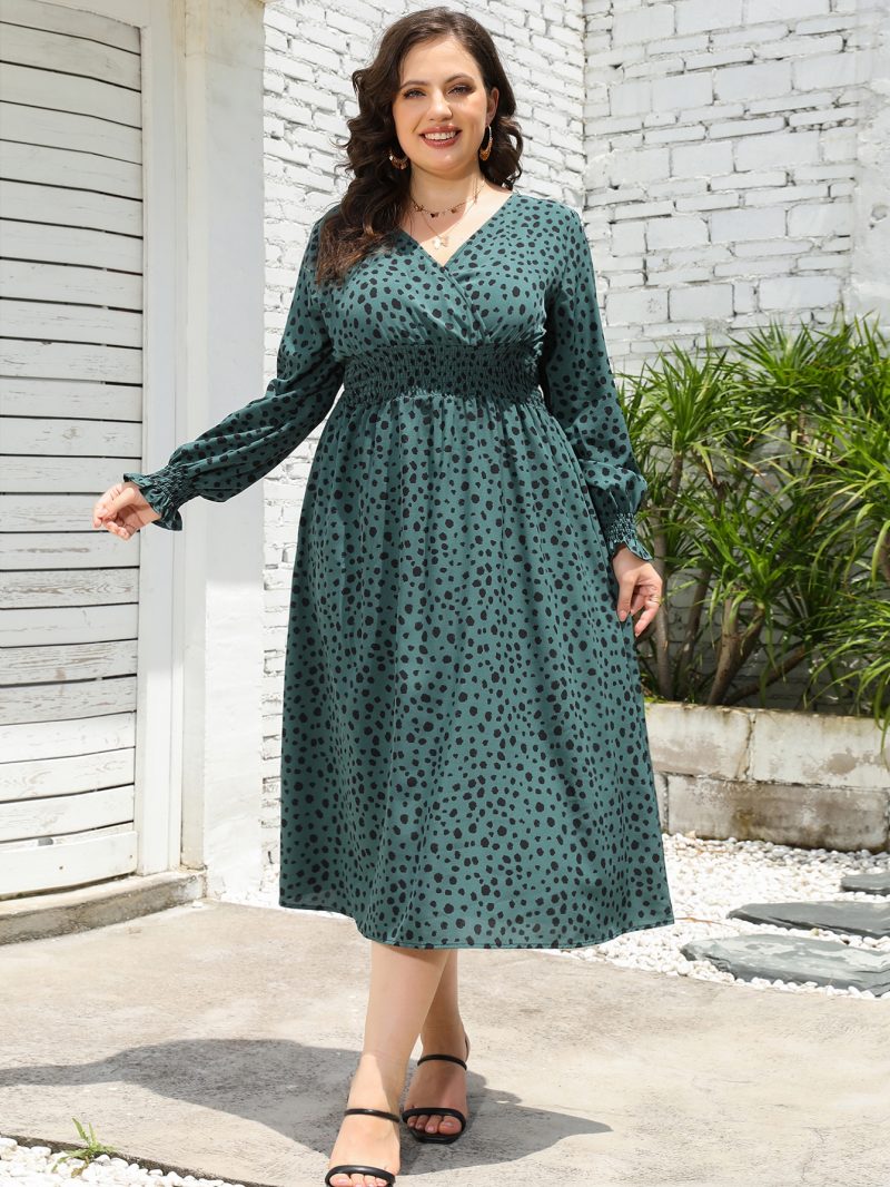Plus Size Leopard Print V Neck Long Sleeve Mid-Length Dress - Image 13