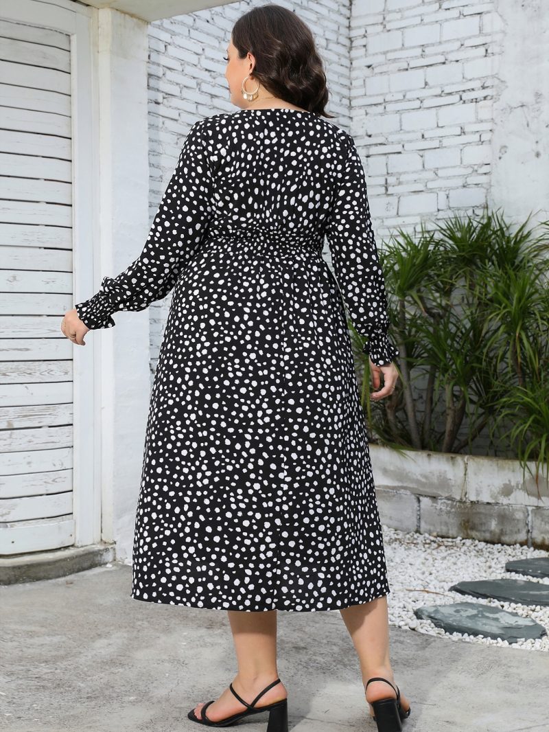 Plus Size Leopard Print V Neck Long Sleeve Mid-Length Dress - Image 14