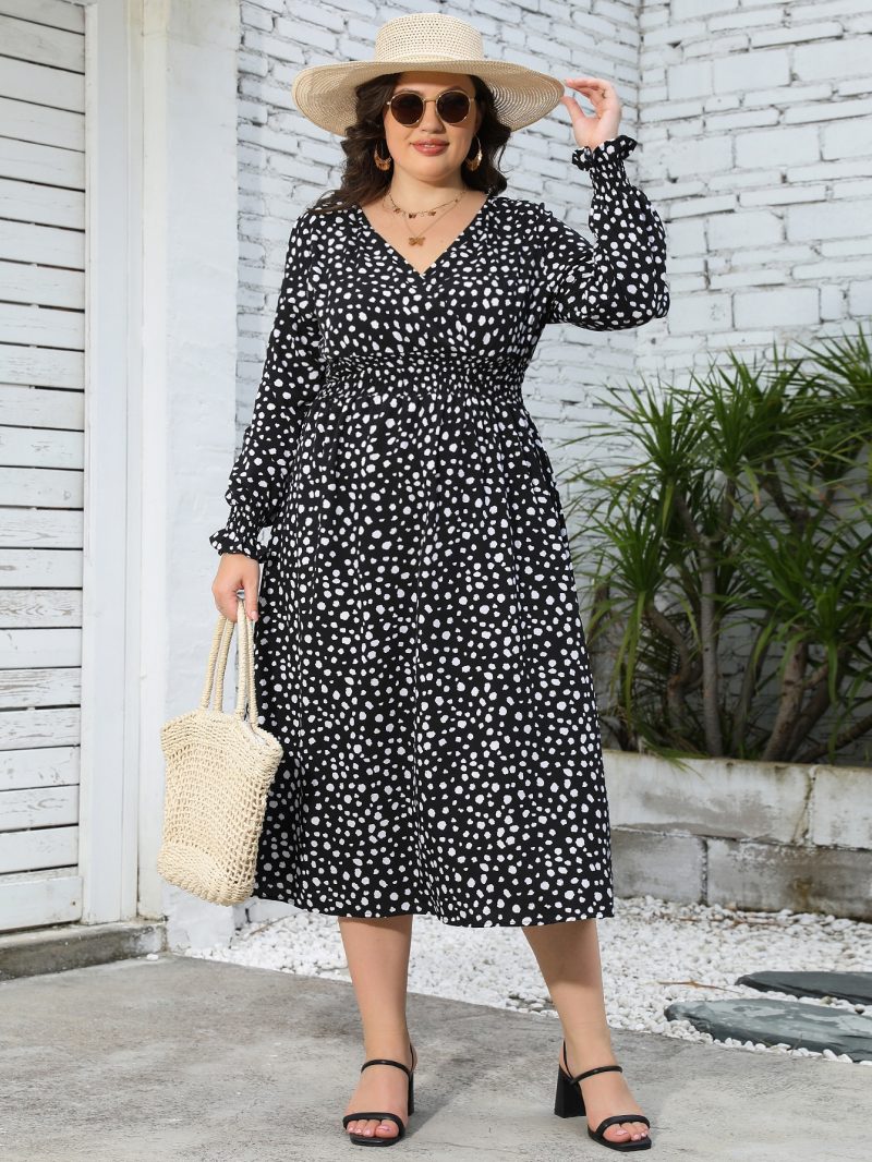 Plus Size Leopard Print V Neck Long Sleeve Mid-Length Dress - Image 15