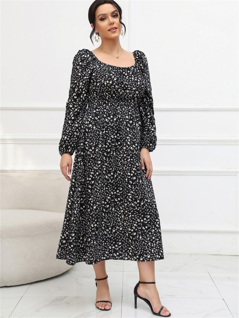 Plus Size Square Collar Puff Sleeve Long Sleeve Mid-length Dress - Image 2