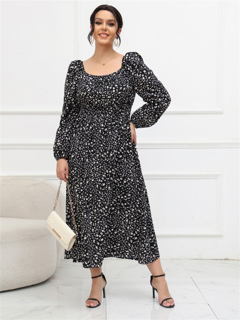Plus Size Square Collar Puff Sleeve Long Sleeve Mid-length Dress - Image 3