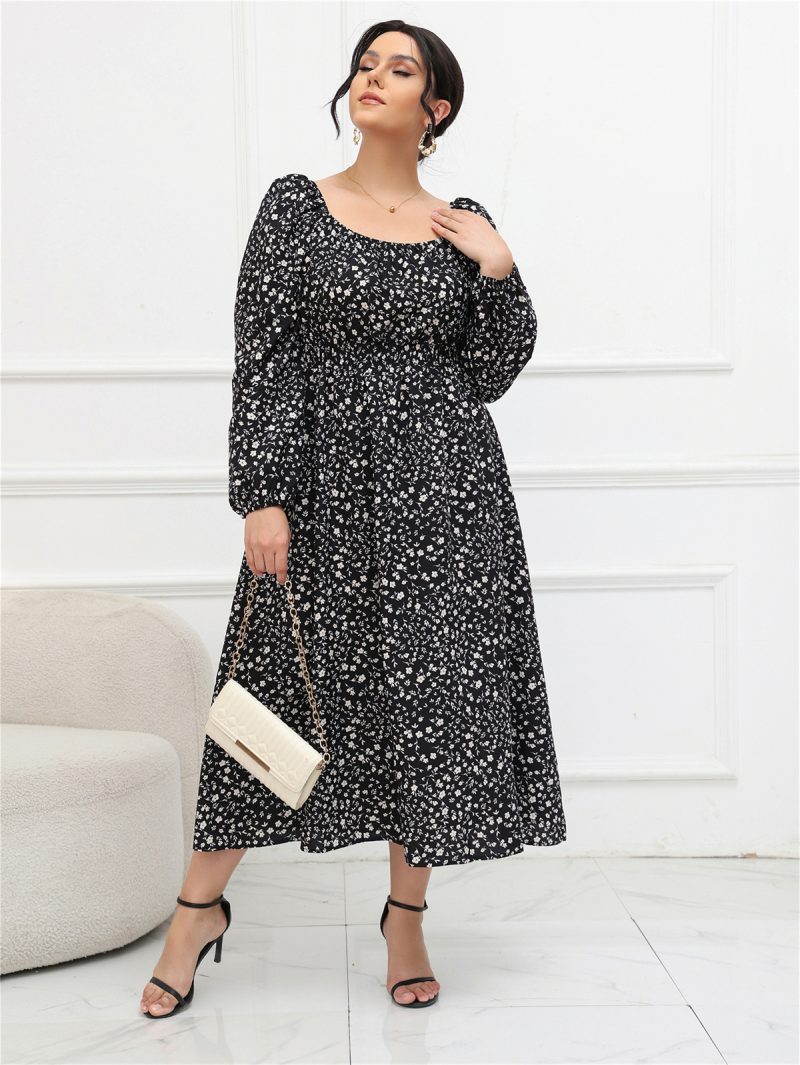 Plus Size Square Collar Puff Sleeve Long Sleeve Mid-length Dress - Image 4