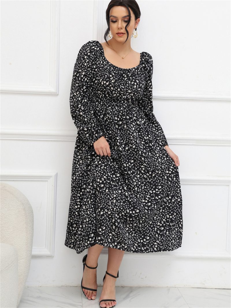 Plus Size Square Collar Puff Sleeve Long Sleeve Mid-length Dress - Image 5