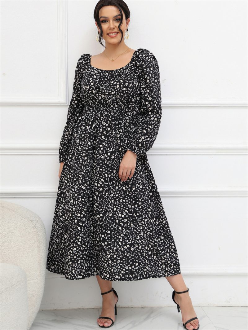 Plus Size Square Collar Puff Sleeve Long Sleeve Mid-length Dress - Image 6