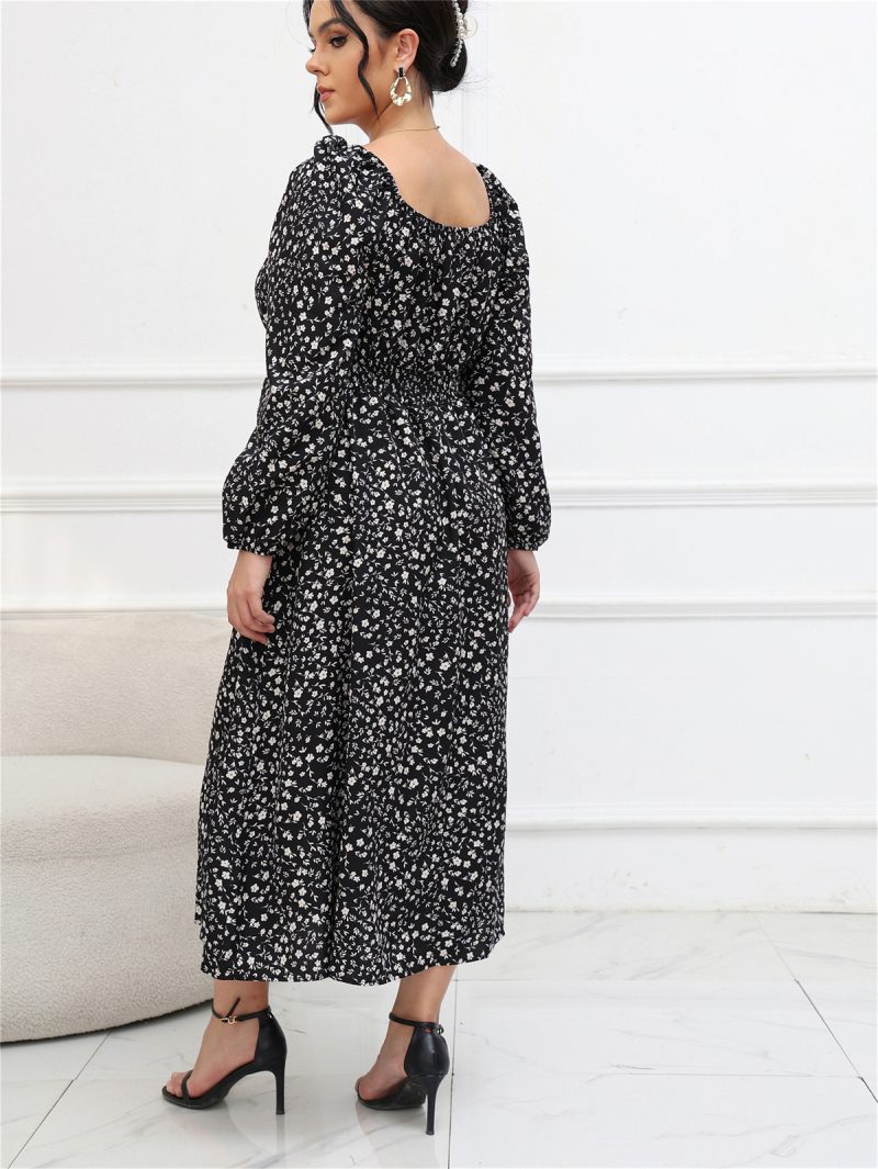 Plus Size Square Collar Puff Sleeve Long Sleeve Mid-length Dress - Image 7