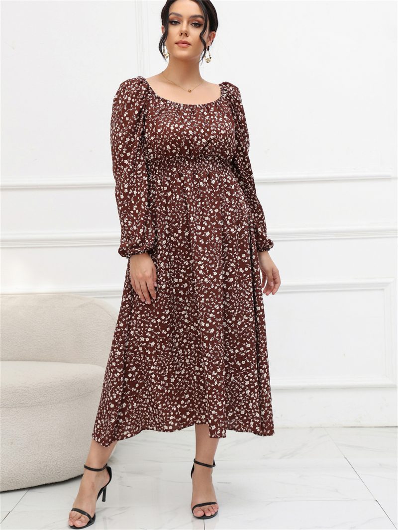 Plus Size Square Collar Puff Sleeve Long Sleeve Mid-length Dress - Image 8