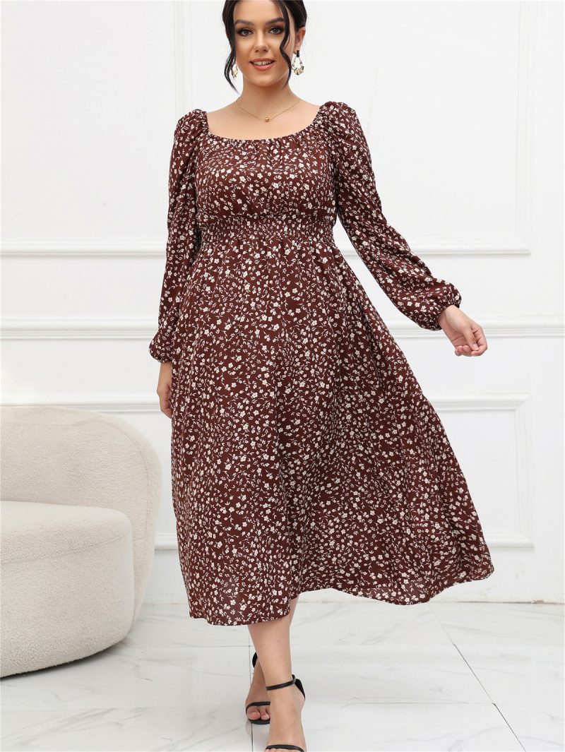 Plus Size Square Collar Puff Sleeve Long Sleeve Mid-length Dress - Image 9