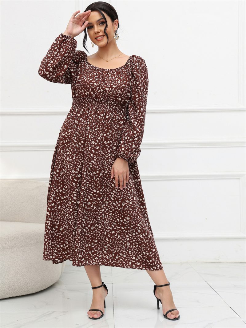 Plus Size Square Collar Puff Sleeve Long Sleeve Mid-length Dress - Image 10
