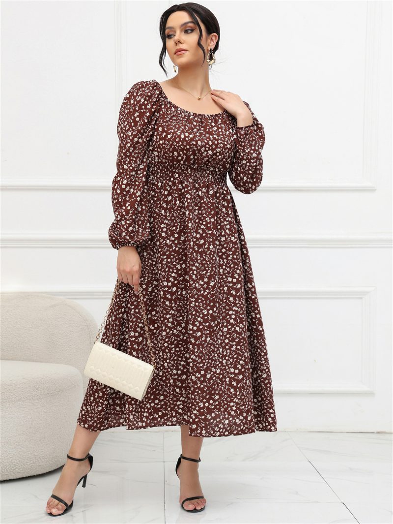 Plus Size Square Collar Puff Sleeve Long Sleeve Mid-length Dress - Image 12