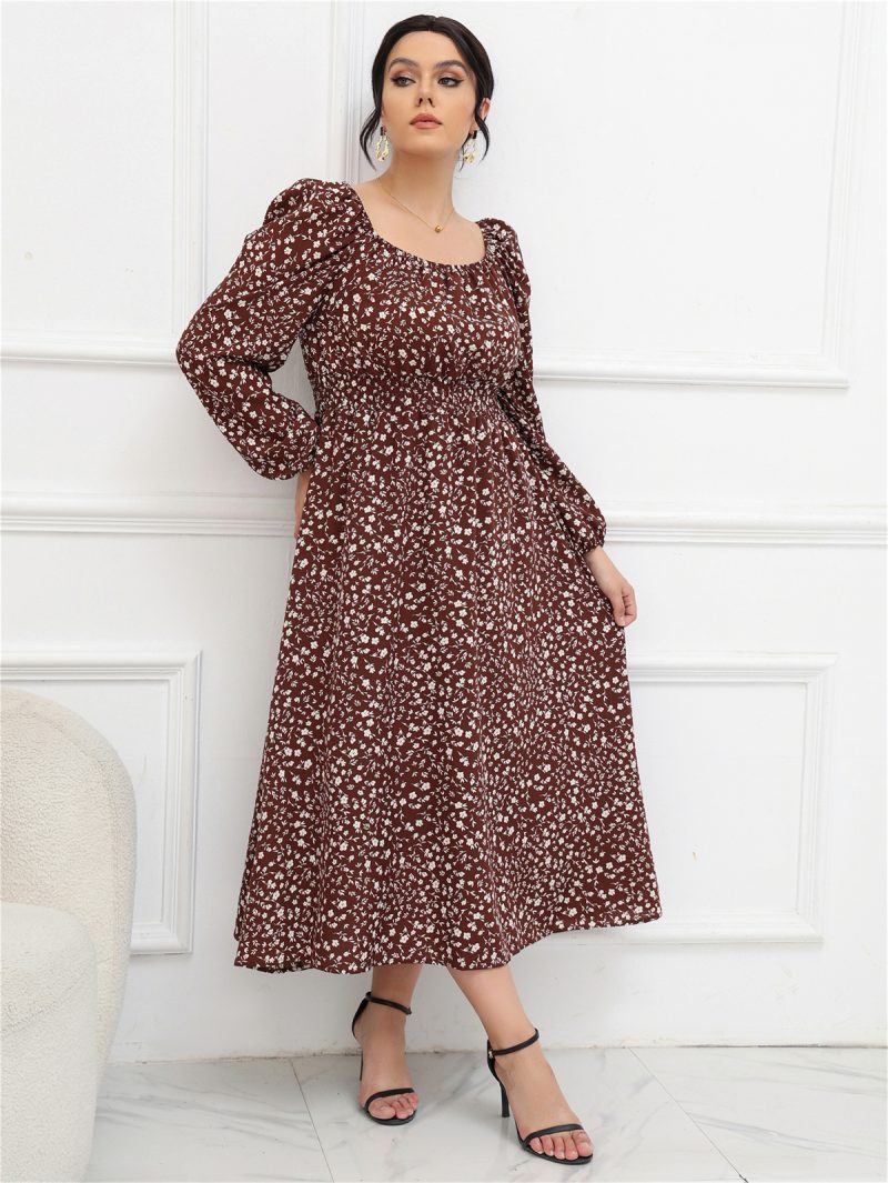 Plus Size Square Collar Puff Sleeve Long Sleeve Mid-length Dress - Image 13