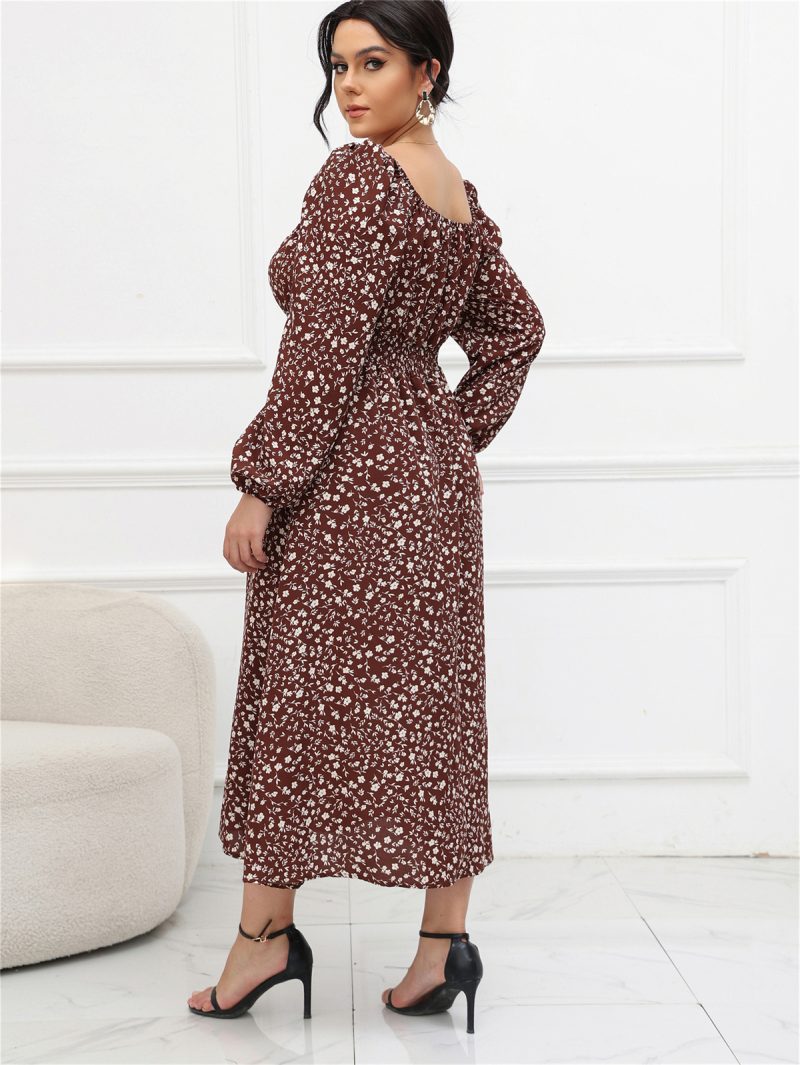 Plus Size Square Collar Puff Sleeve Long Sleeve Mid-length Dress - Image 14