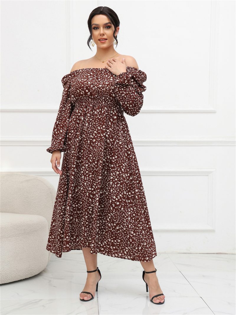 Plus Size Square Collar Puff Sleeve Long Sleeve Mid-length Dress - Image 15