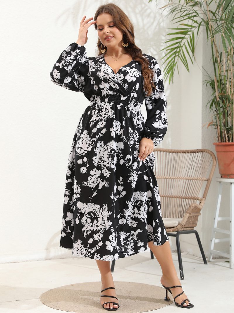Plus Size Women's V-Neck Long Sleeve Dress - Image 12