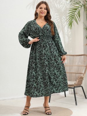 Plus Size Women’s V-Neck Long Sleeve Dress with Large Flower Print