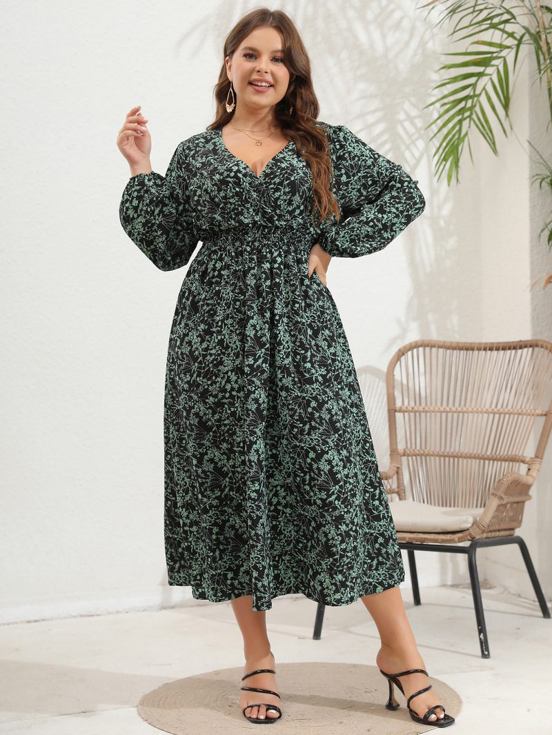 Plus Size Women's V-Neck Long Sleeve Dress with Large Flower Print - Image 2