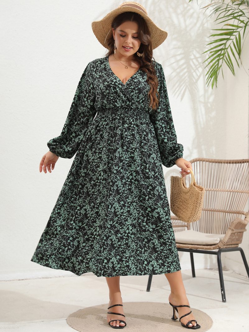 Plus Size Women's V-Neck Long Sleeve Dress with Large Flower Print - Image 4