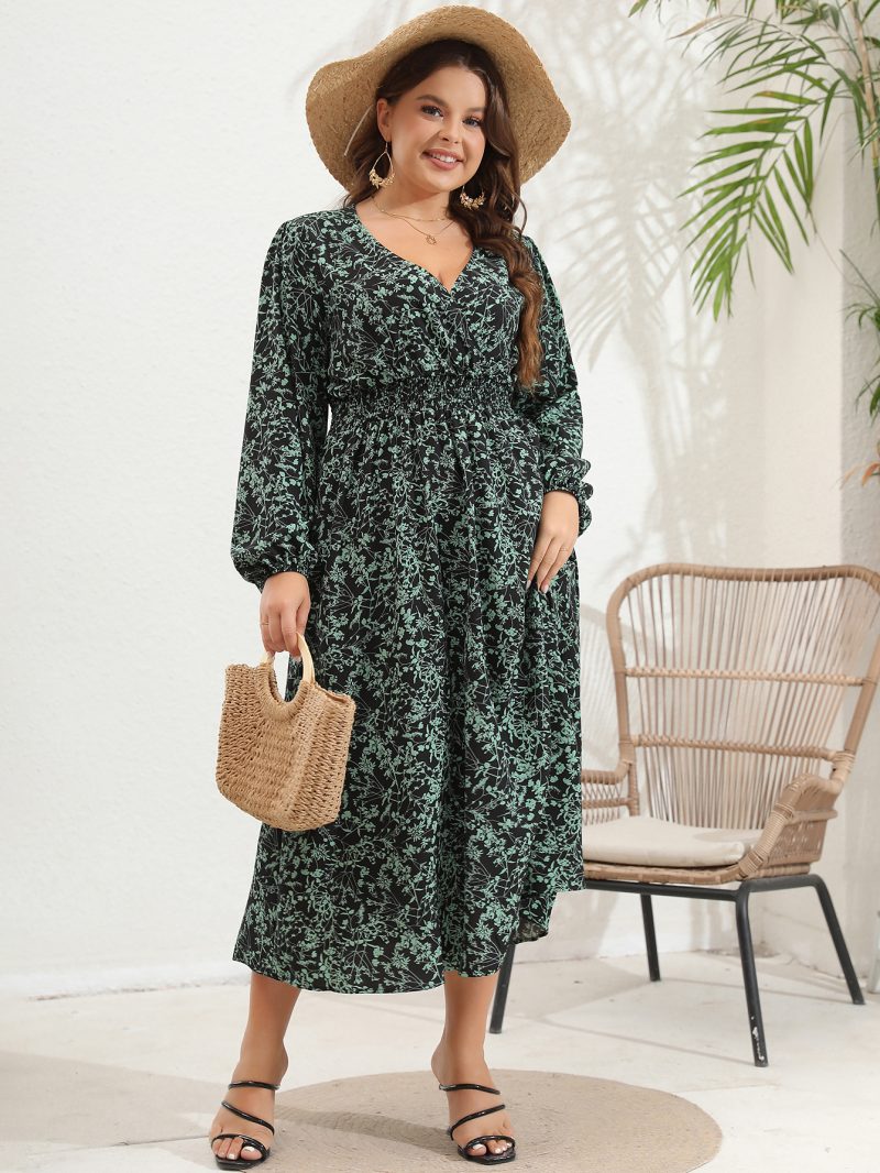 Plus Size Women's V-Neck Long Sleeve Dress with Large Flower Print - Image 5