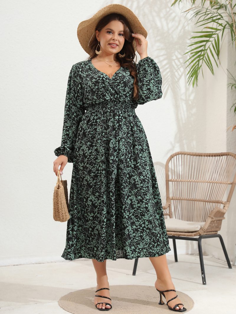 Plus Size Women's V-Neck Long Sleeve Dress with Large Flower Print - Image 6