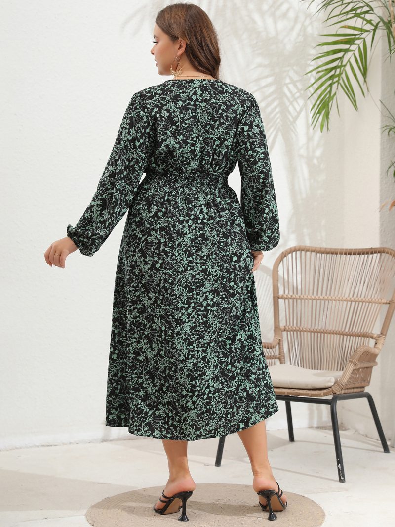 Plus Size Women's V-Neck Long Sleeve Dress with Large Flower Print - Image 7