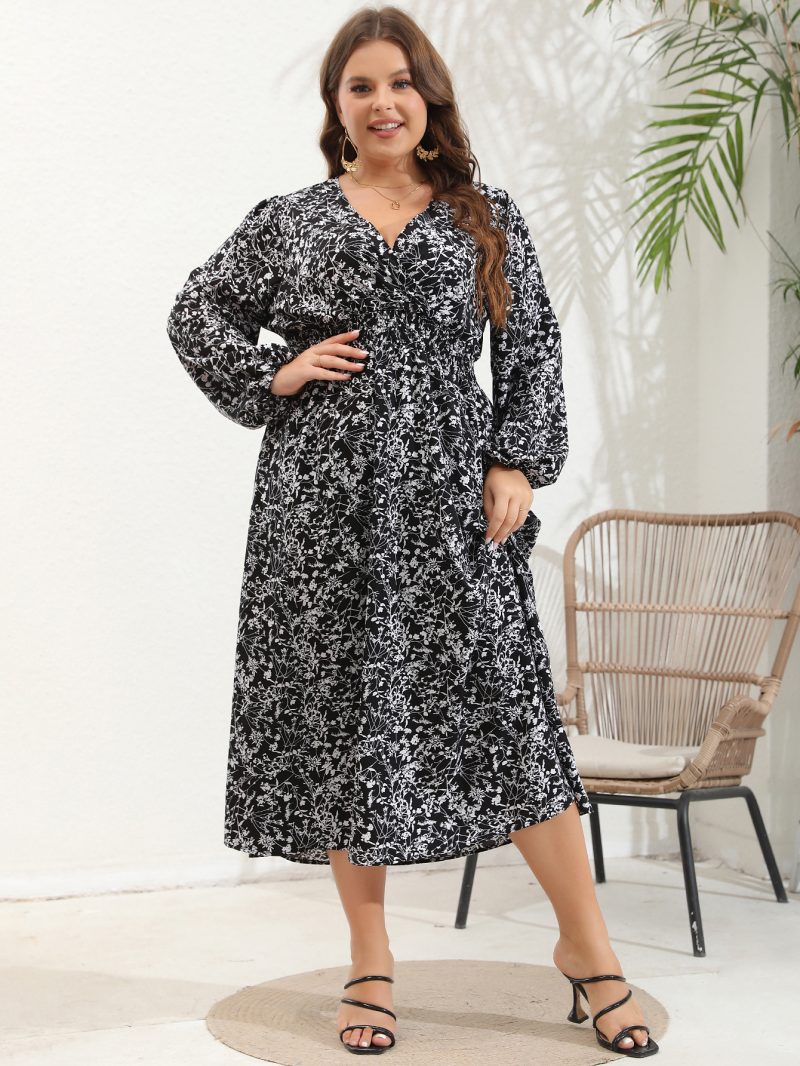 Plus Size Women's V-Neck Long Sleeve Dress with Large Flower Print - Image 8