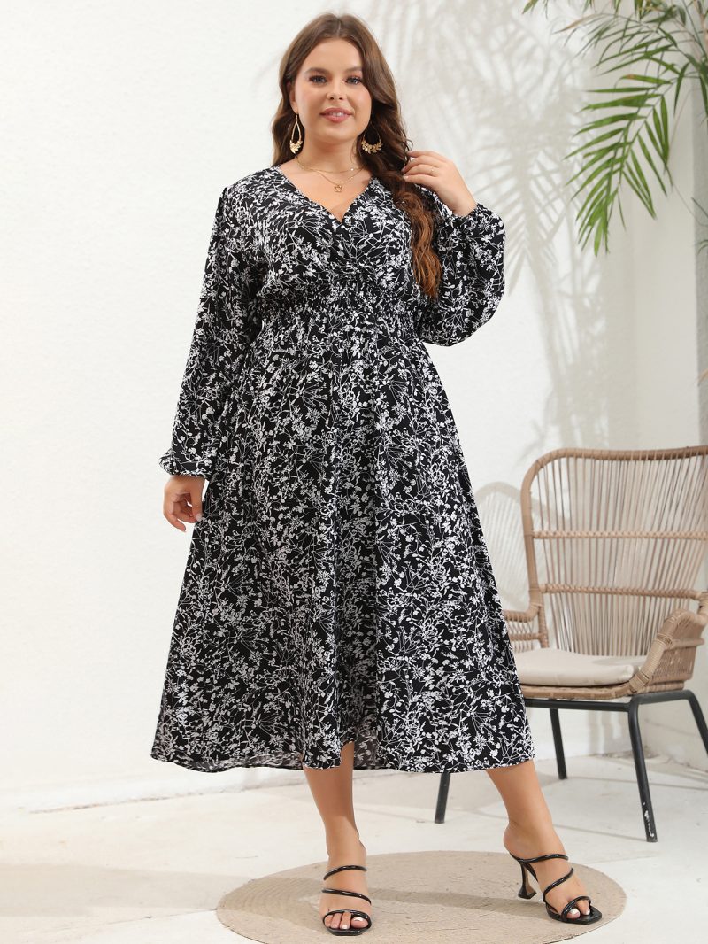 Plus Size Women's V-Neck Long Sleeve Dress with Large Flower Print - Image 9