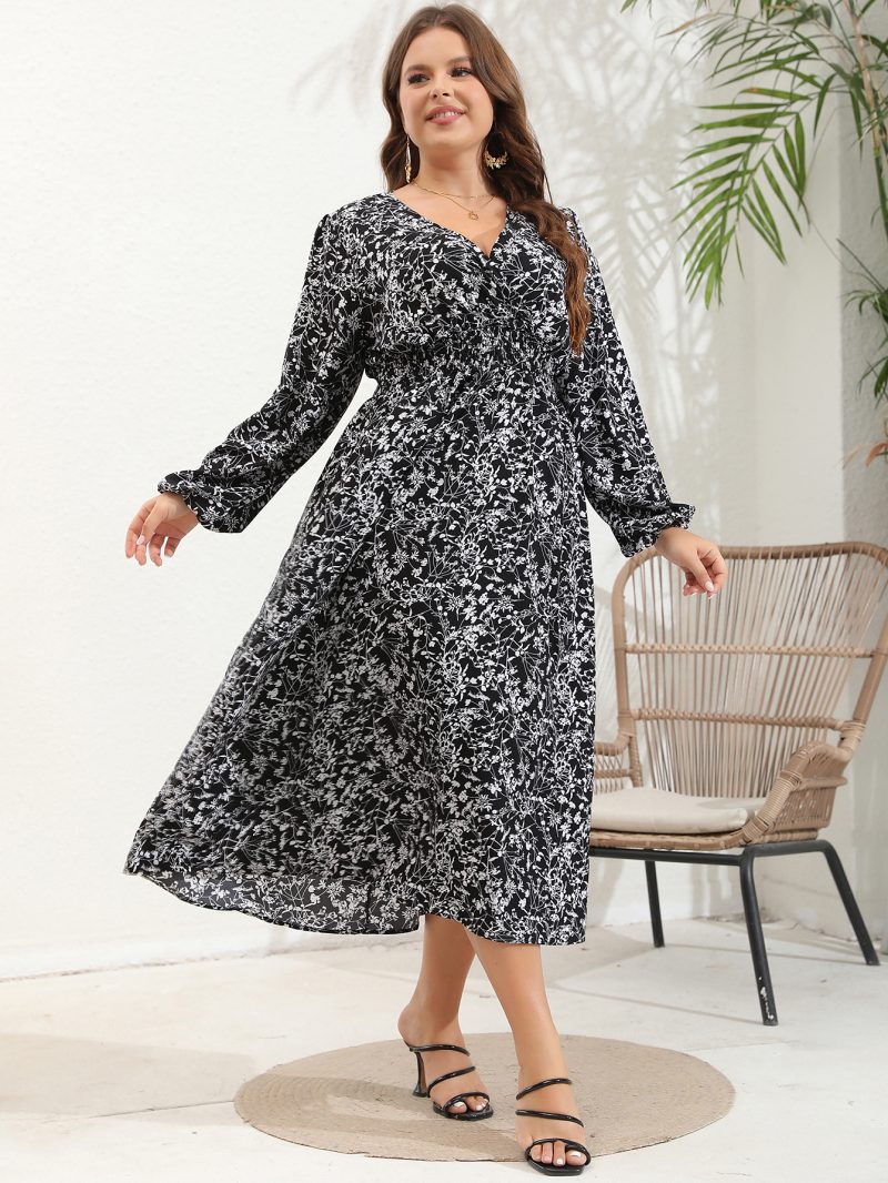 Plus Size Women's V-Neck Long Sleeve Dress with Large Flower Print - Image 11